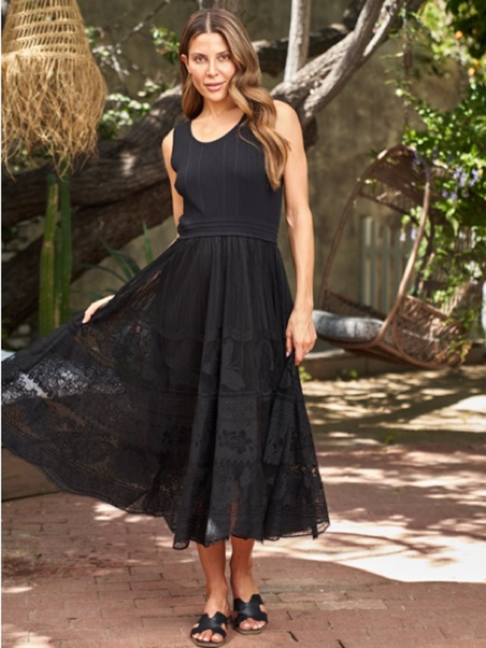 Sleeveless Black Lace-Panel Midi Dress